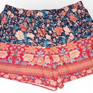 Floral Patterned Shorts Coral and Blue